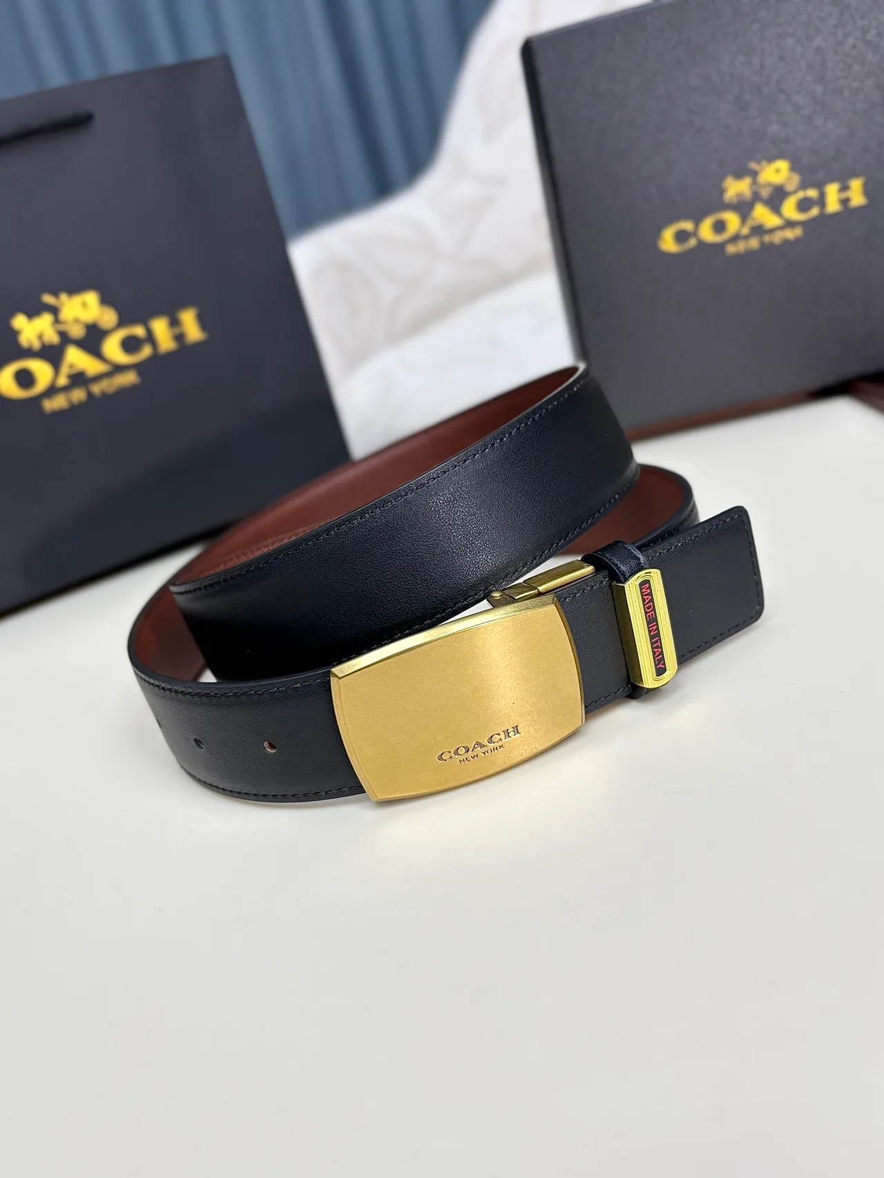 Coach Logo-pattern plate buckle belt in Black & Brown · view 1