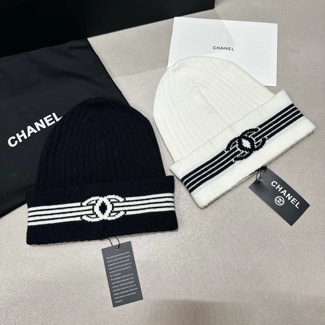Chanel Striped CC knit beanie in Black & White · view 7