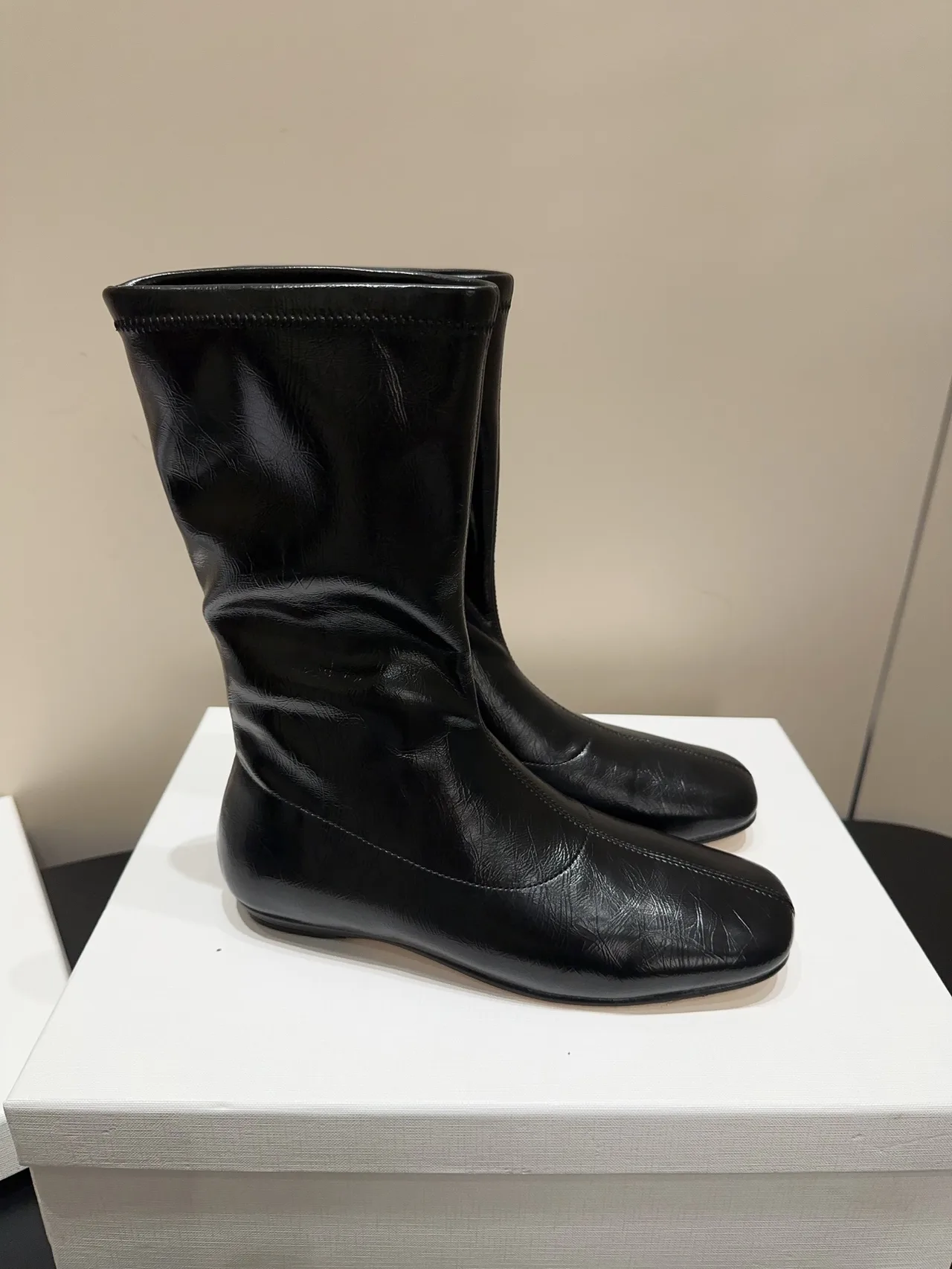 The Row Cowhide Sheepskin Glossy Round-Toe Ankle Boots in Black · view 3