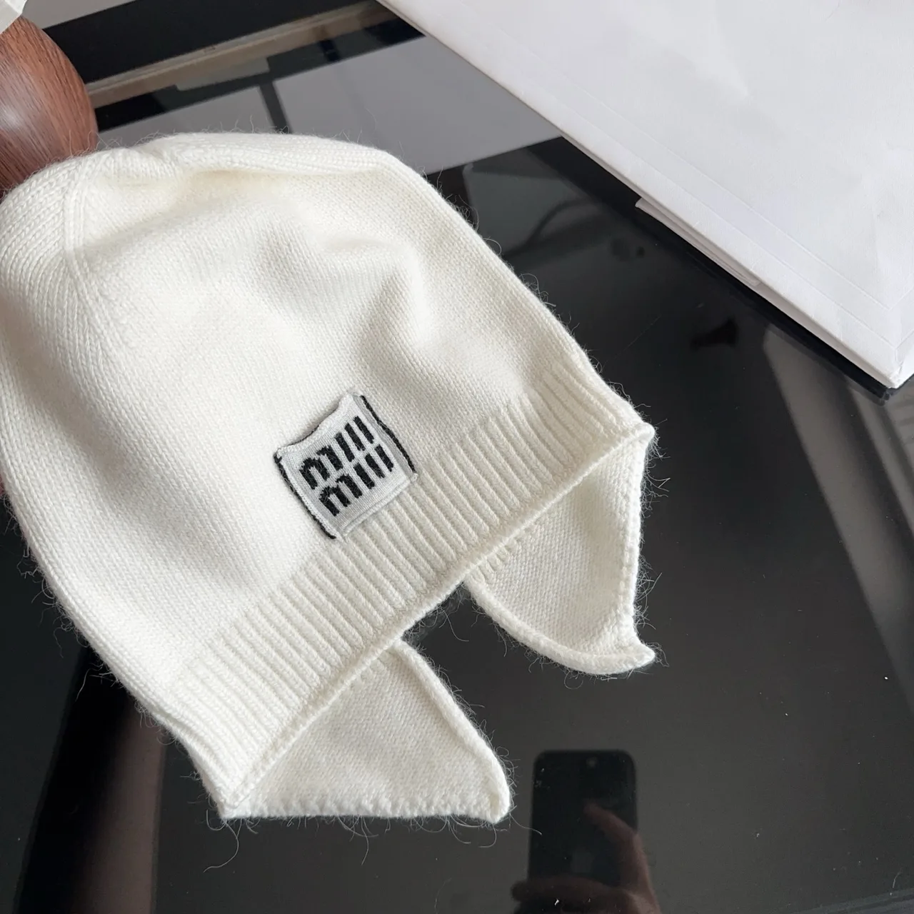 Miu Miu Embroidered Beanie in White · view 7