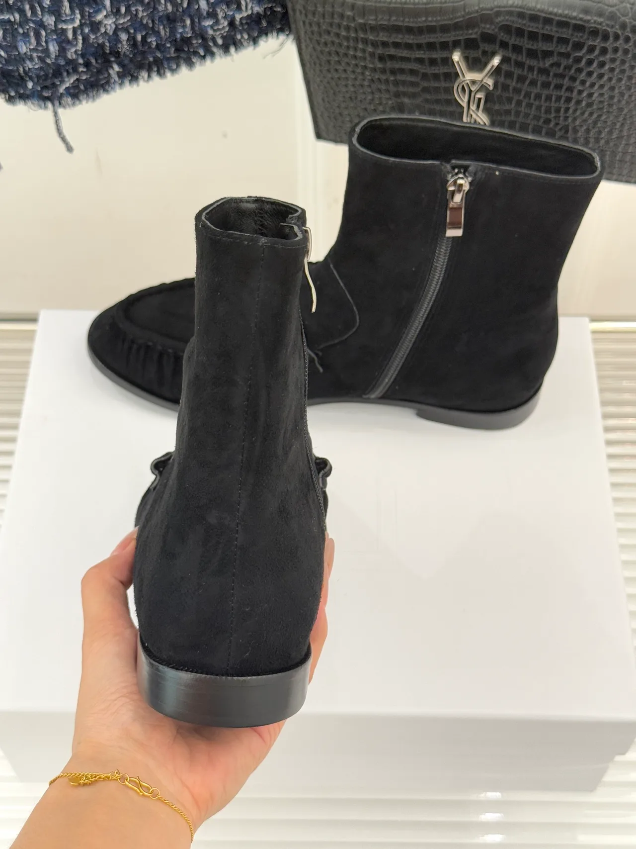 Saint Laurent Glossy Suede-Look Round-Toe Ankle Boots in Black · view 8