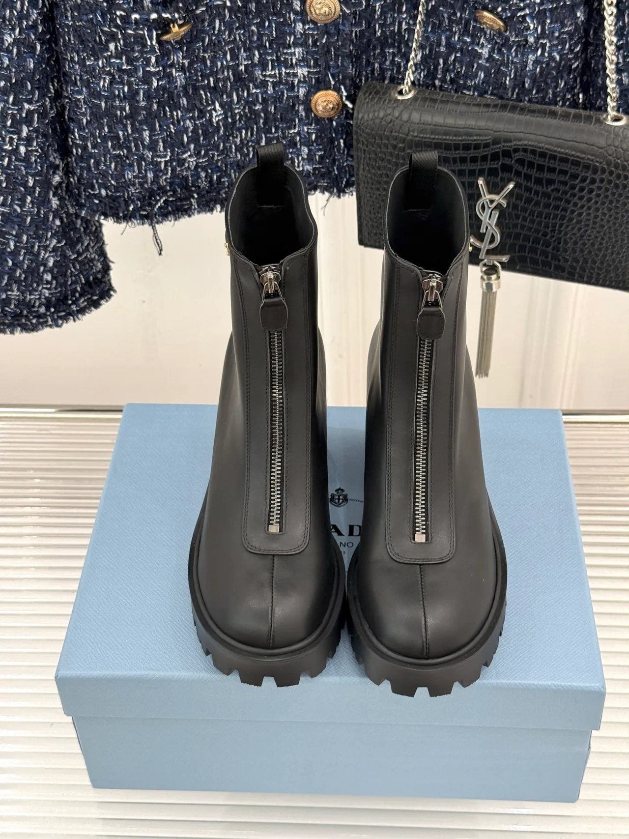 Prada Denim Glossy Front-zip ankle boots in Black · view 4