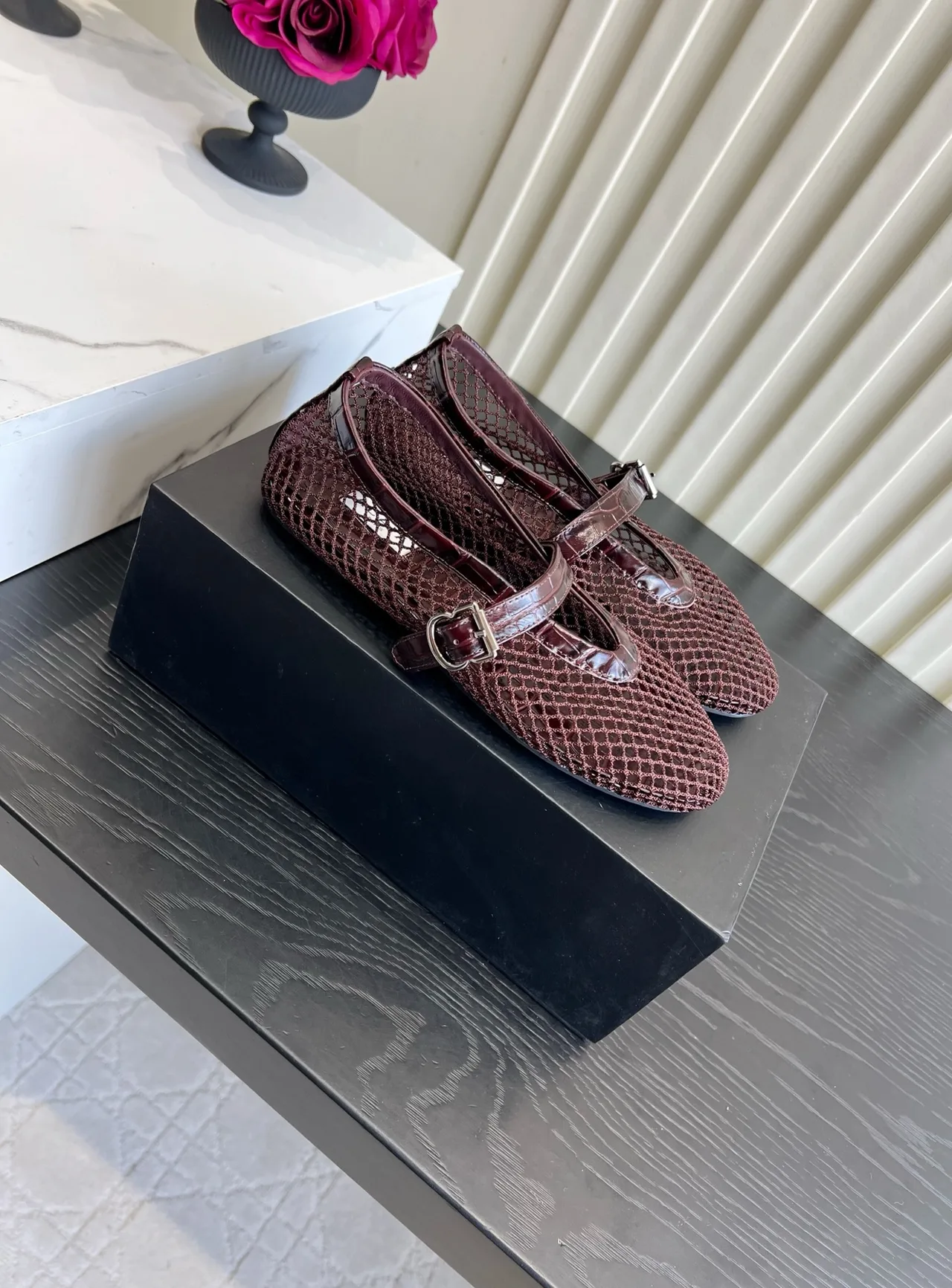 Alaia Sheepskin Mesh Mary Jane Flats in Burgundy · view 3