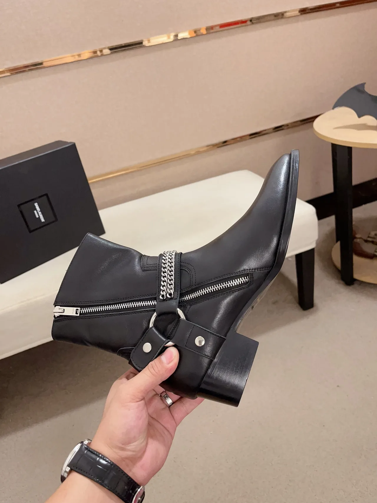 Saint Laurent Cowhide Pointed-Toe Ankle Boots in Black · view 6