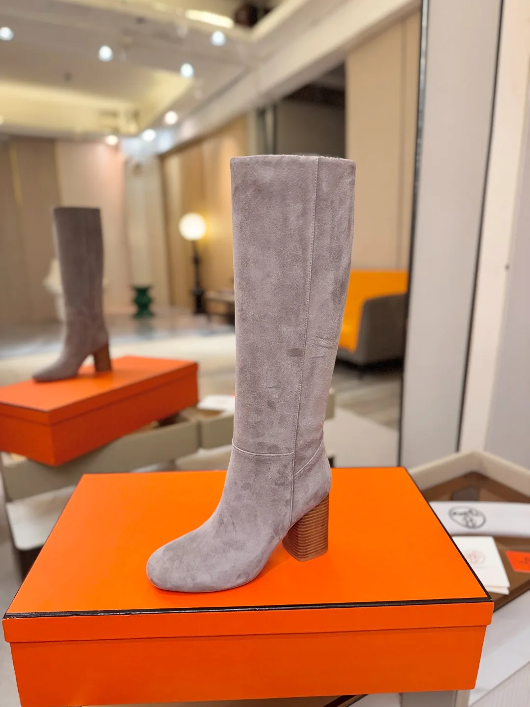 Hermes Cowhide Knee-High Boots in Grey · view 1