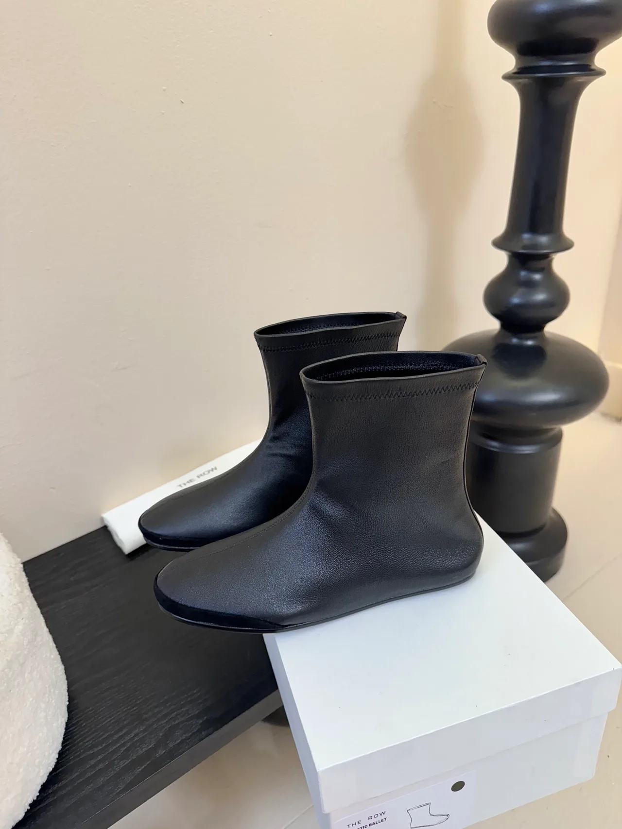 Sheepskin Round-Toe Minimal Ankle Boots in Black · view 5