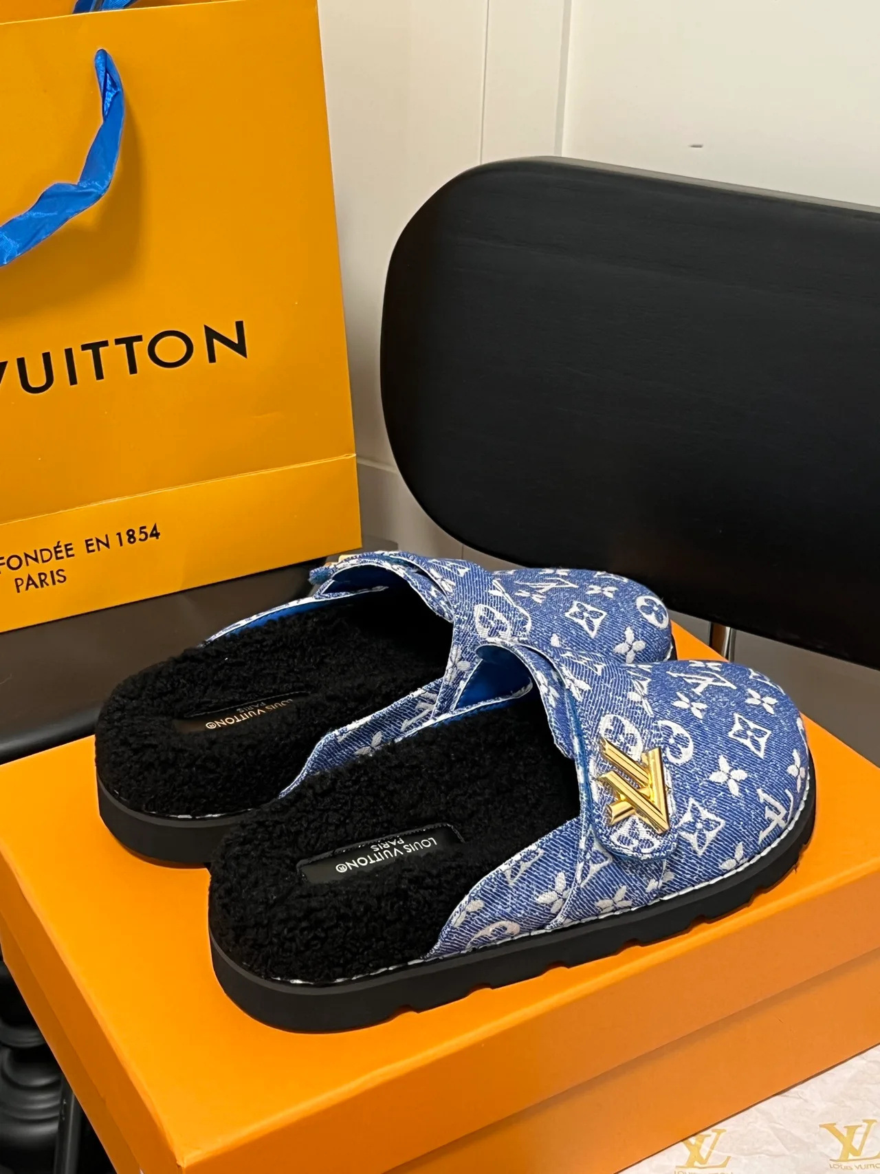 Louis Vuitton Monogram Lace-Up Buckle Slippers in Blue · view 5