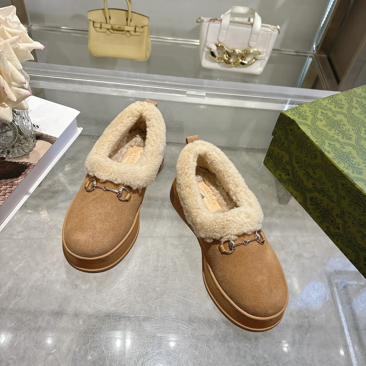 Gucci Cowhide Sheepskin Buckle Fur-Lined Ankle Boots in Brown · view 3