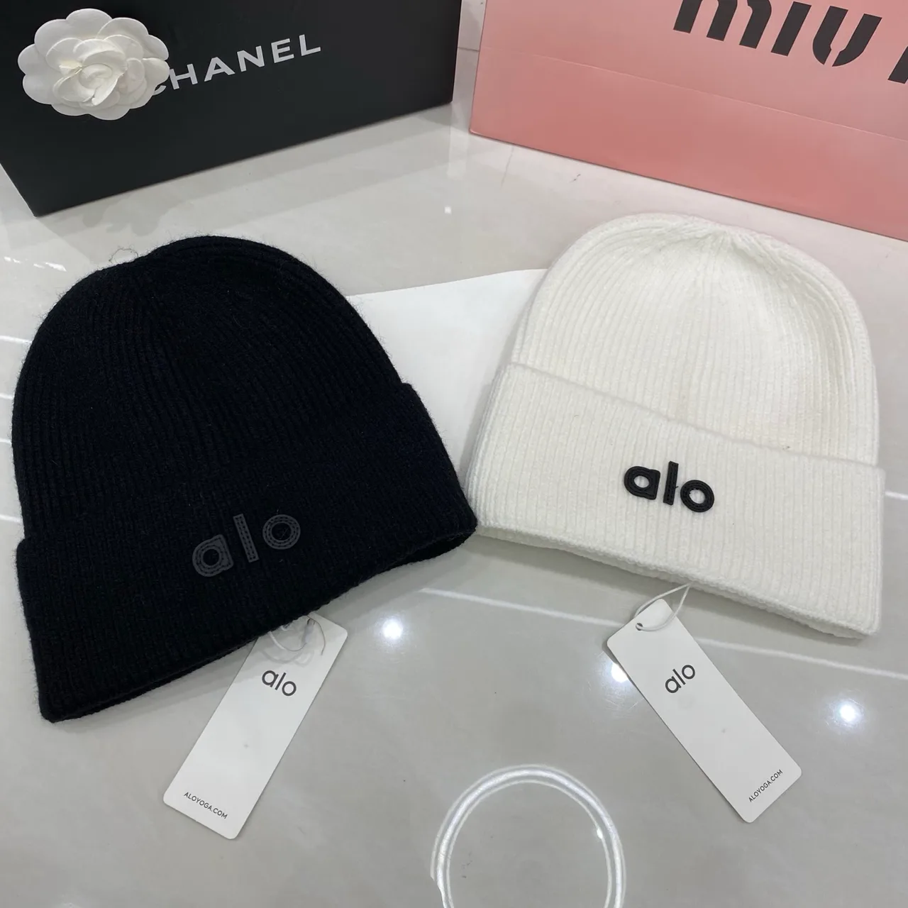 Alo Beanie in Black & White & Tan & Grey & Pink · view 7