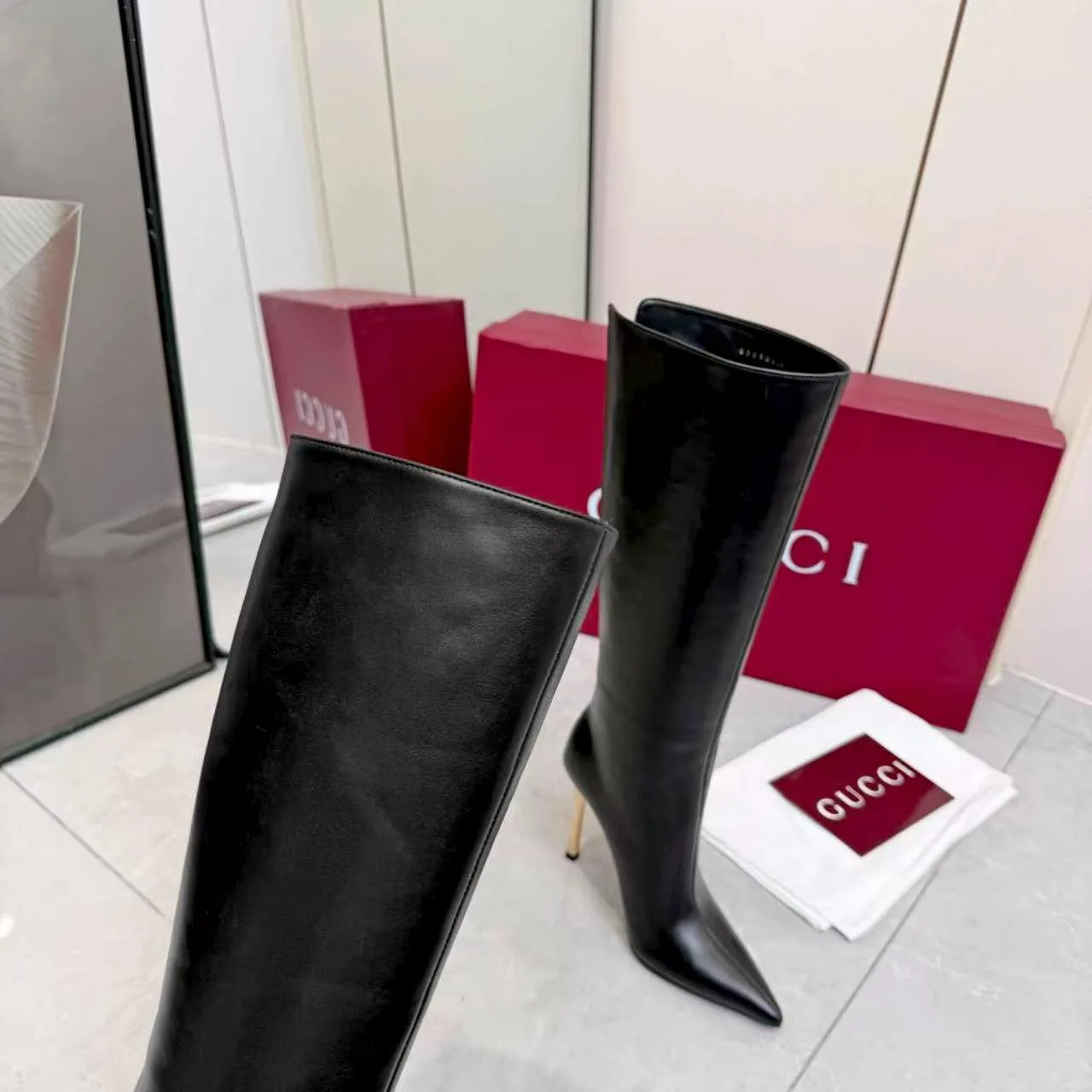 Gucci Cowhide Glossy Pointed-Toe Knee-High Boots in Black · view 3