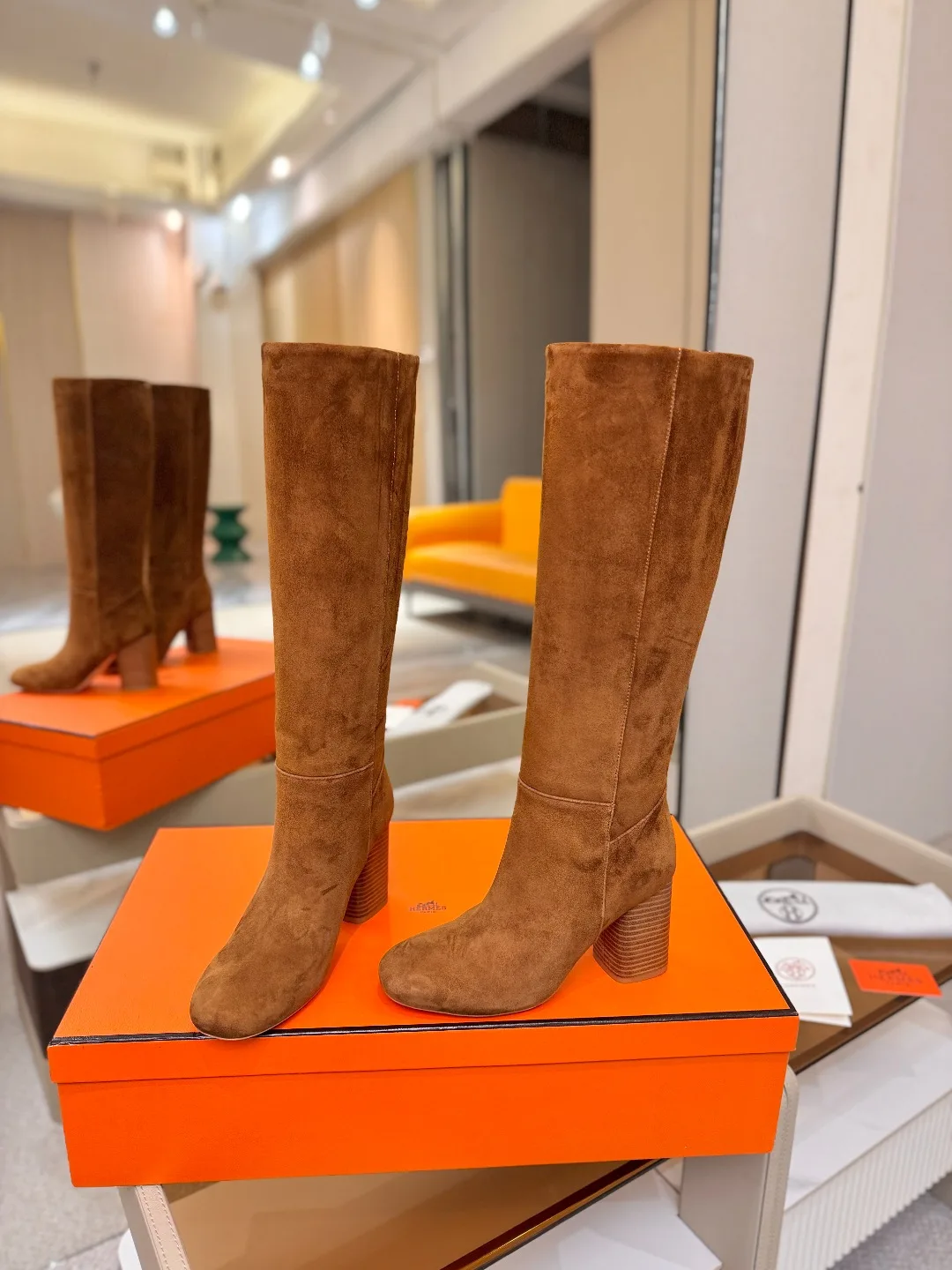 Hermes Cowhide Knee-High Boots in Brown · view 3