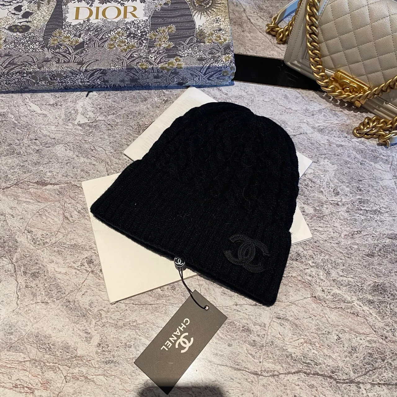 Chanel Cable-knit CC beanie in Black & White & Beige & Tan & Grey · view 1