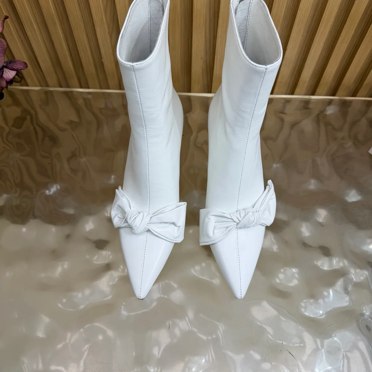 Jimmy Choo Cowhide Glossy Pointed-Toe Bow Ankle Boots in White · view 5