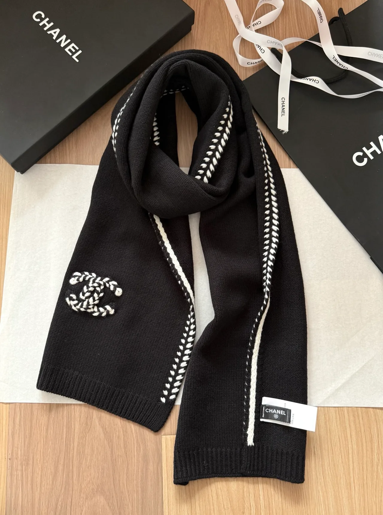 Chanel Contrast-Stitch Fringed Scarf in Black & White · view 3