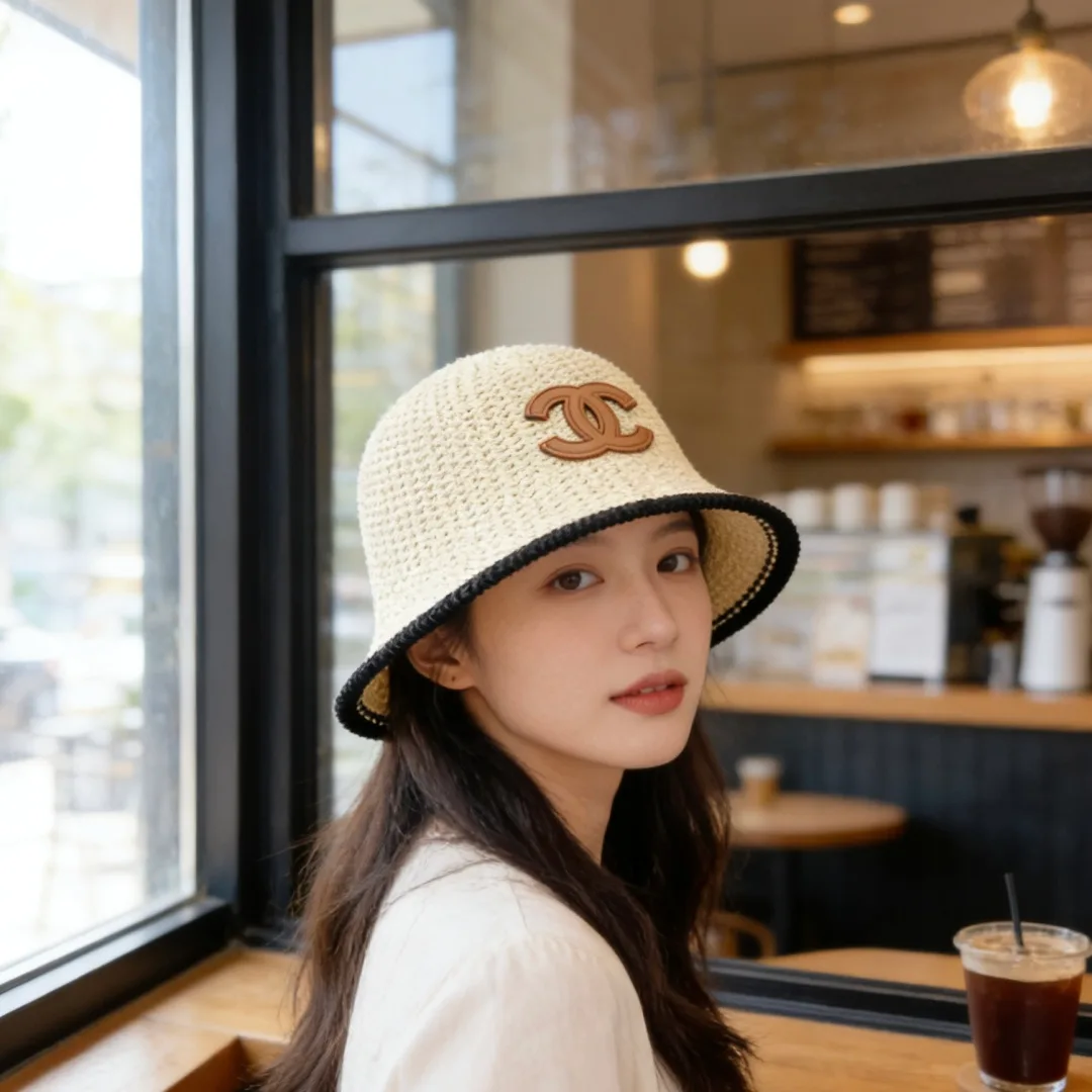 Chanel Woven Bucket Hat in White & Blue & Beige & Brown · view 3