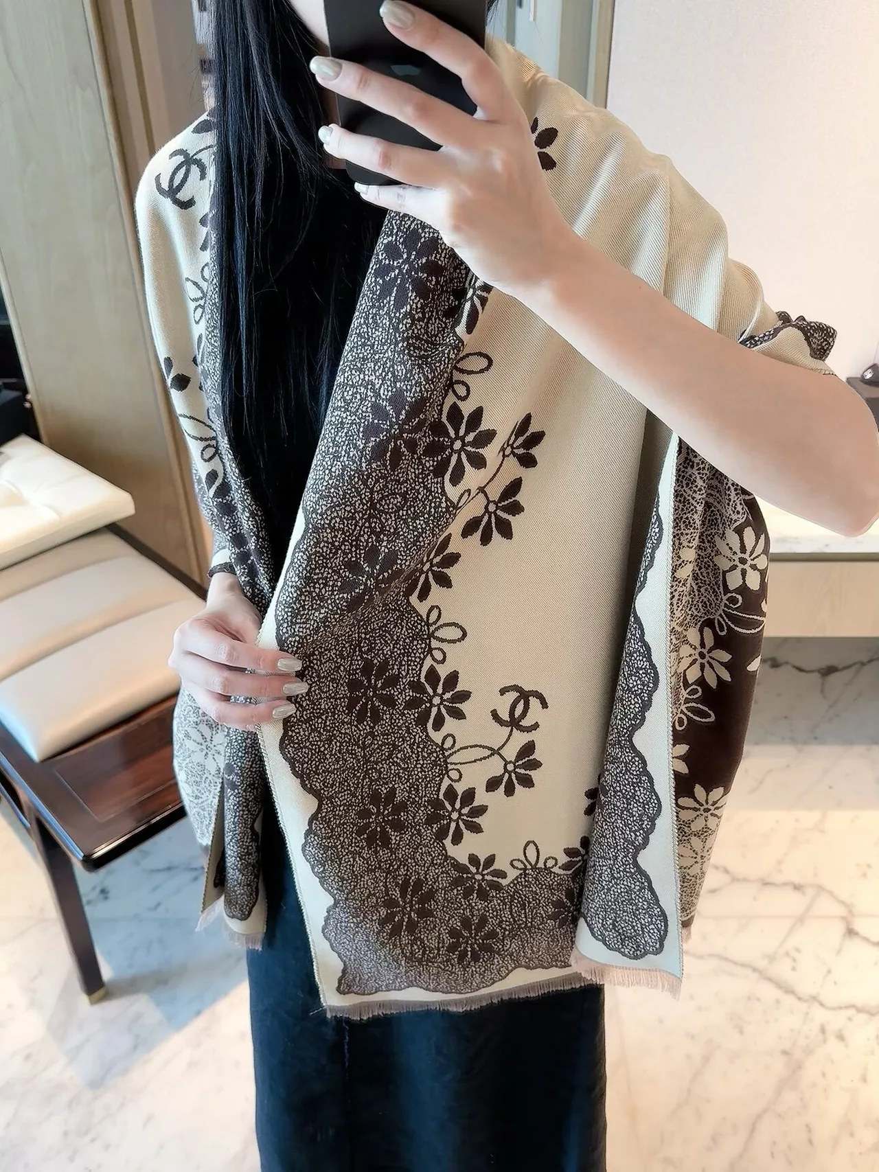 Chanel Camellia Border Shawl in Beige · view 5