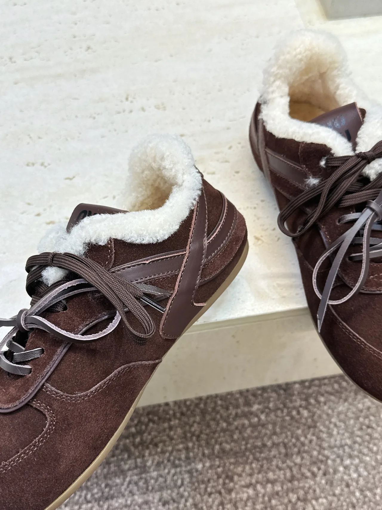 Miu Miu Suede-Look Round-Toe Sneakers in Brown · view 6