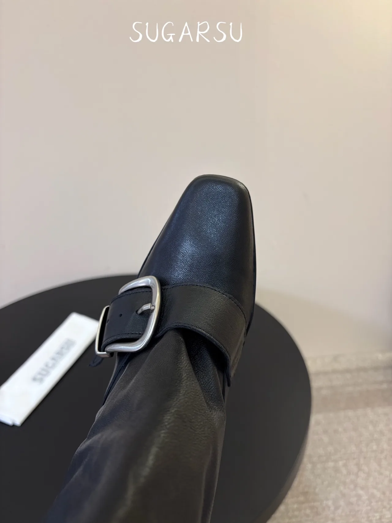 Sugar Su Sheepskin Glossy Square-Toe Boots in Black · view 7