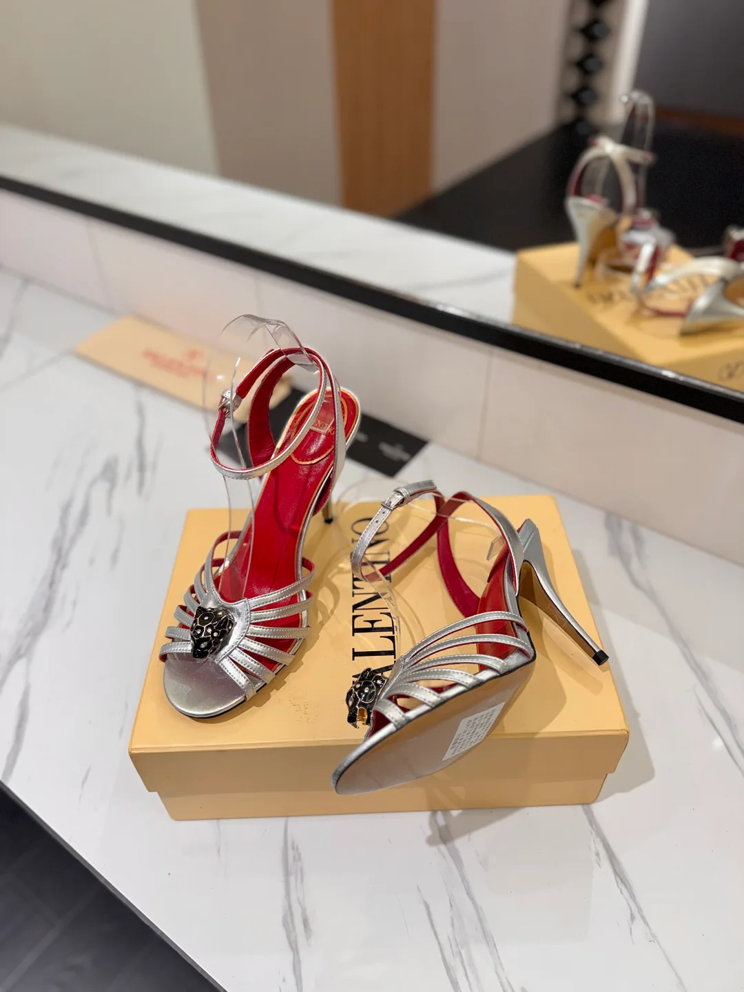 Valentino Crystal Cage Heel Sandals in Silver · view 5
