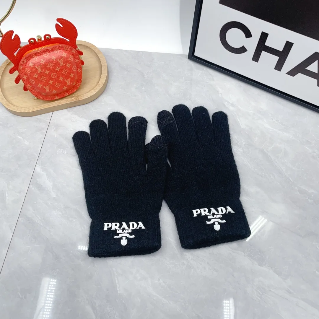 Prada Wool Ribbed Embroidered Hat Scarf and Gloves Set in Black · view 7