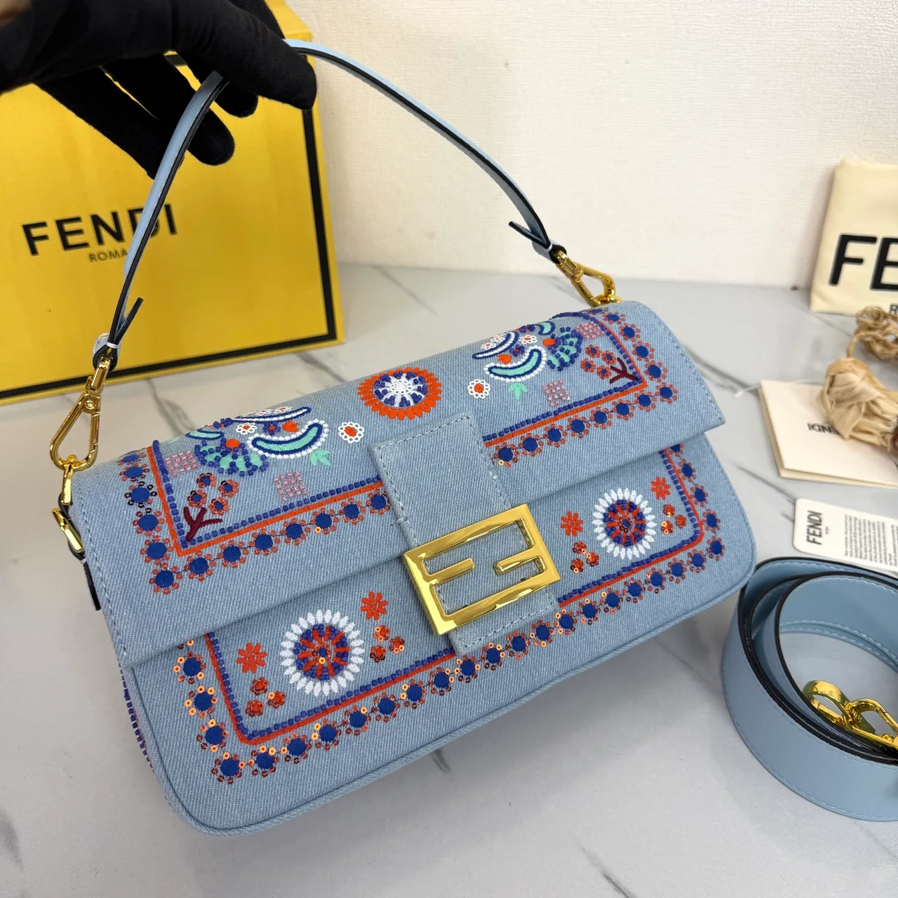 Fendi Baguette Embroidered Floral Flap Shoulder Bag in Blue · view 4