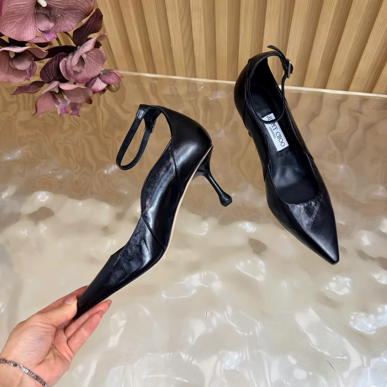 Jimmy Choo Cowhide Glossy Pointed-Toe Pointed Heel Pumps in Black · view 7