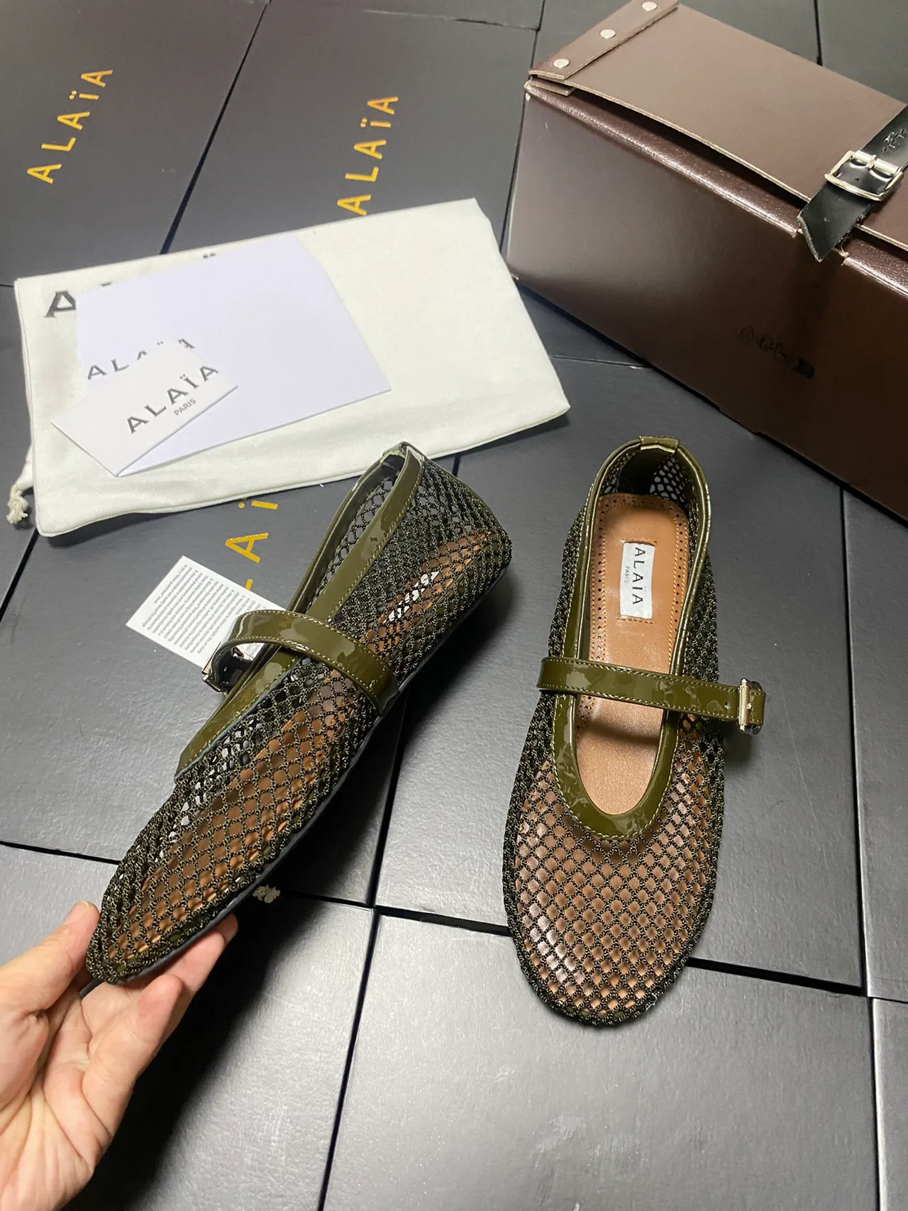 Alaia Cowhide Sheepskin Mesh Mary Jane Flats in Green · view 6