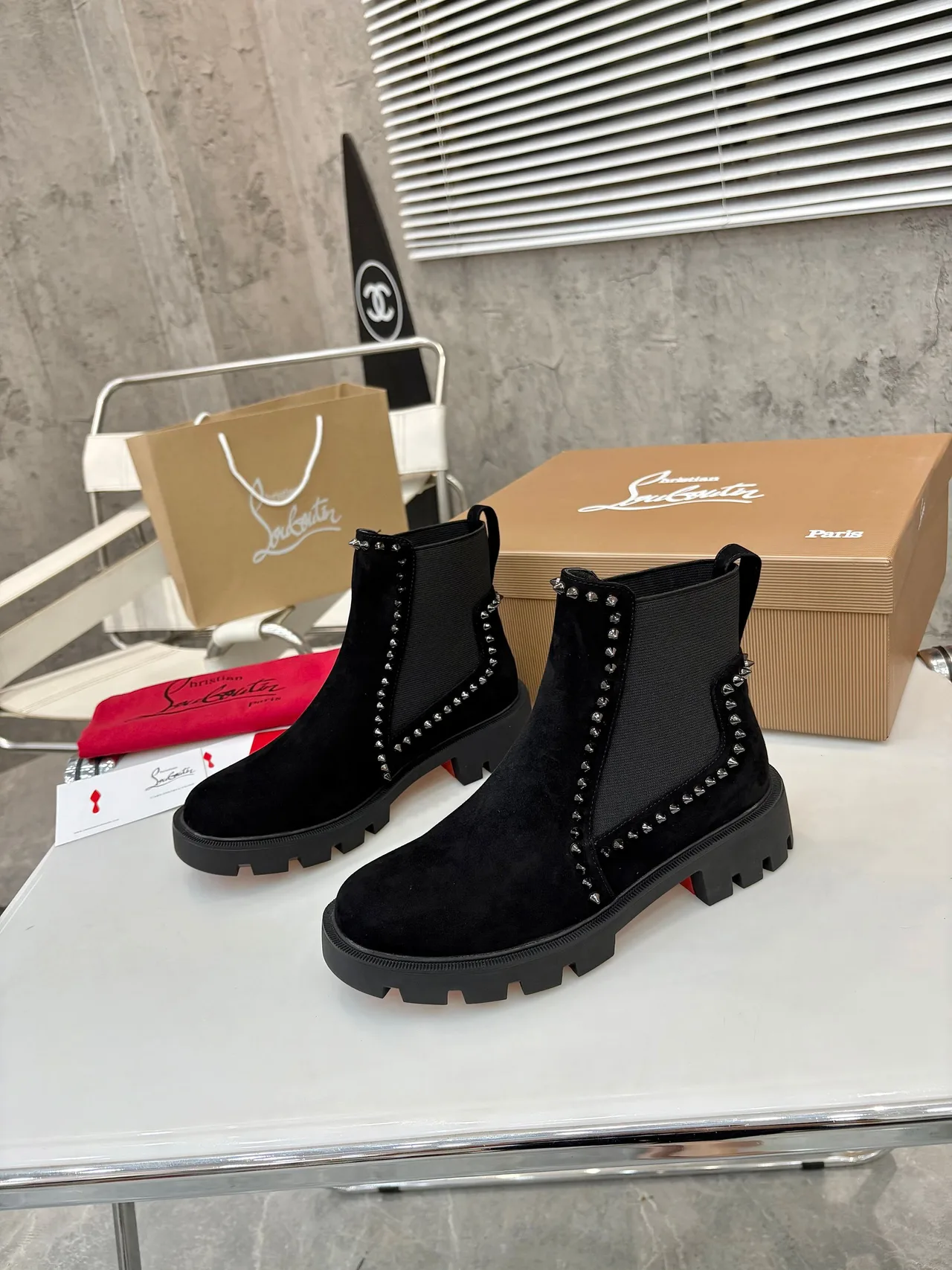 Christian Louboutin Studded Chelsea Boots in Black & Brown & Grey · view 5
