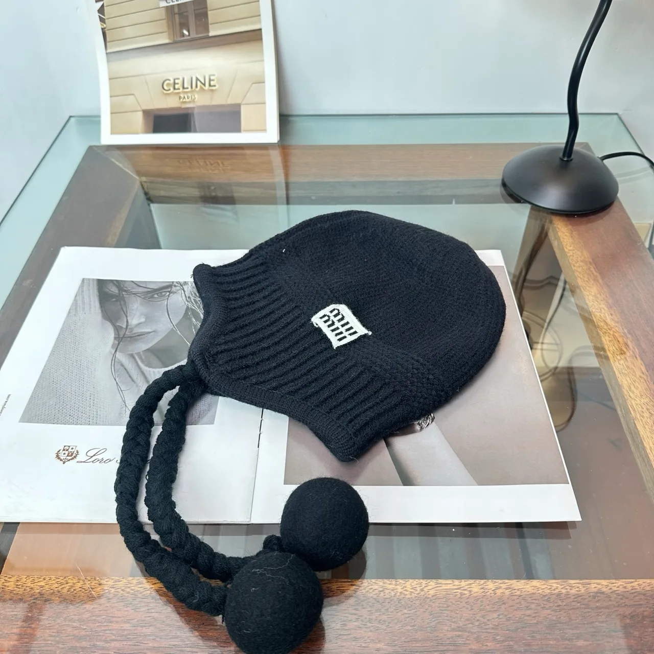 Miu Miu Ribbed Earflap Hat in Black · view 2