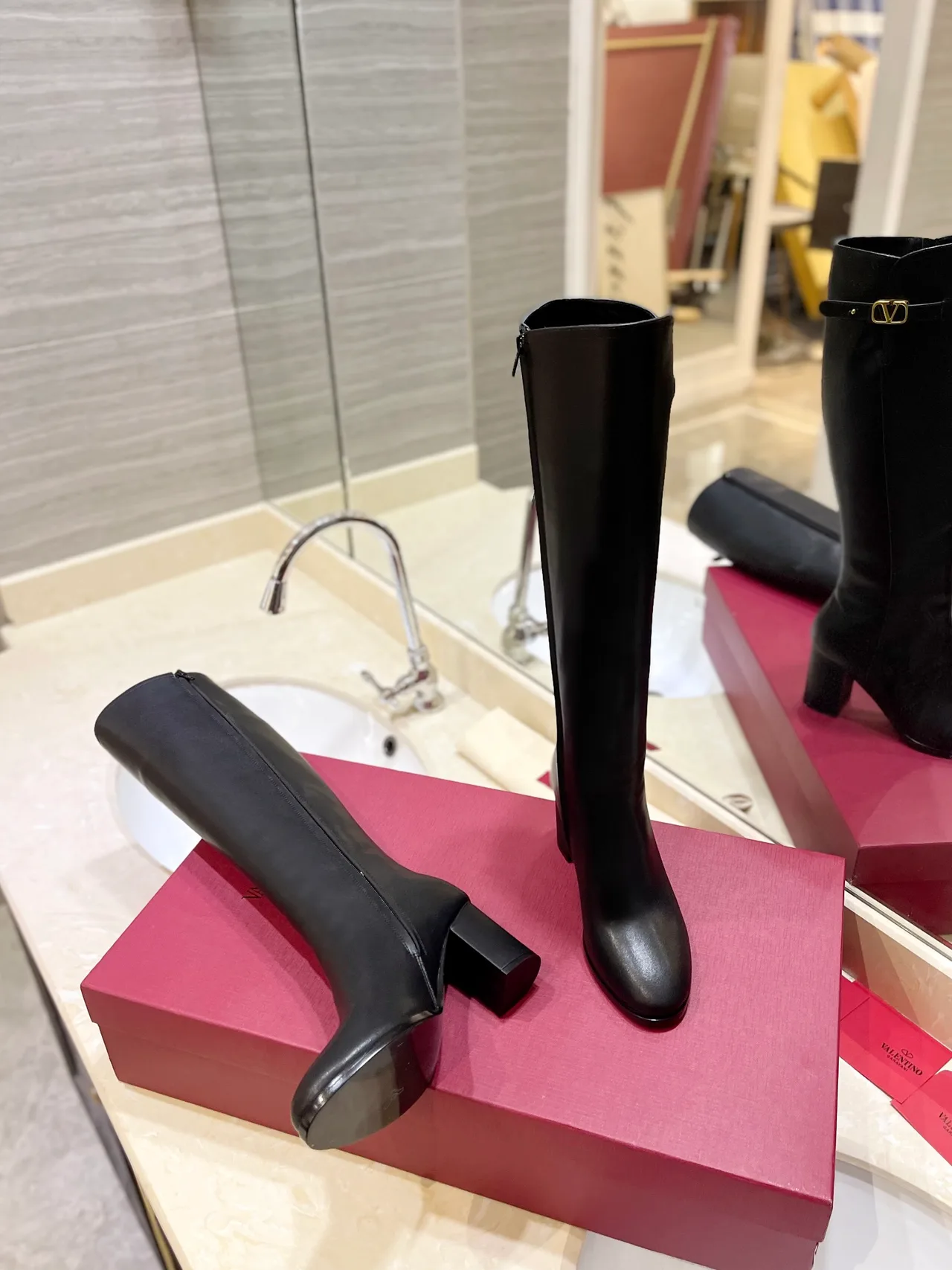 Valentino Leather Glossy Pointed-Toe Buckle Knee-High Boots in Black · view 5