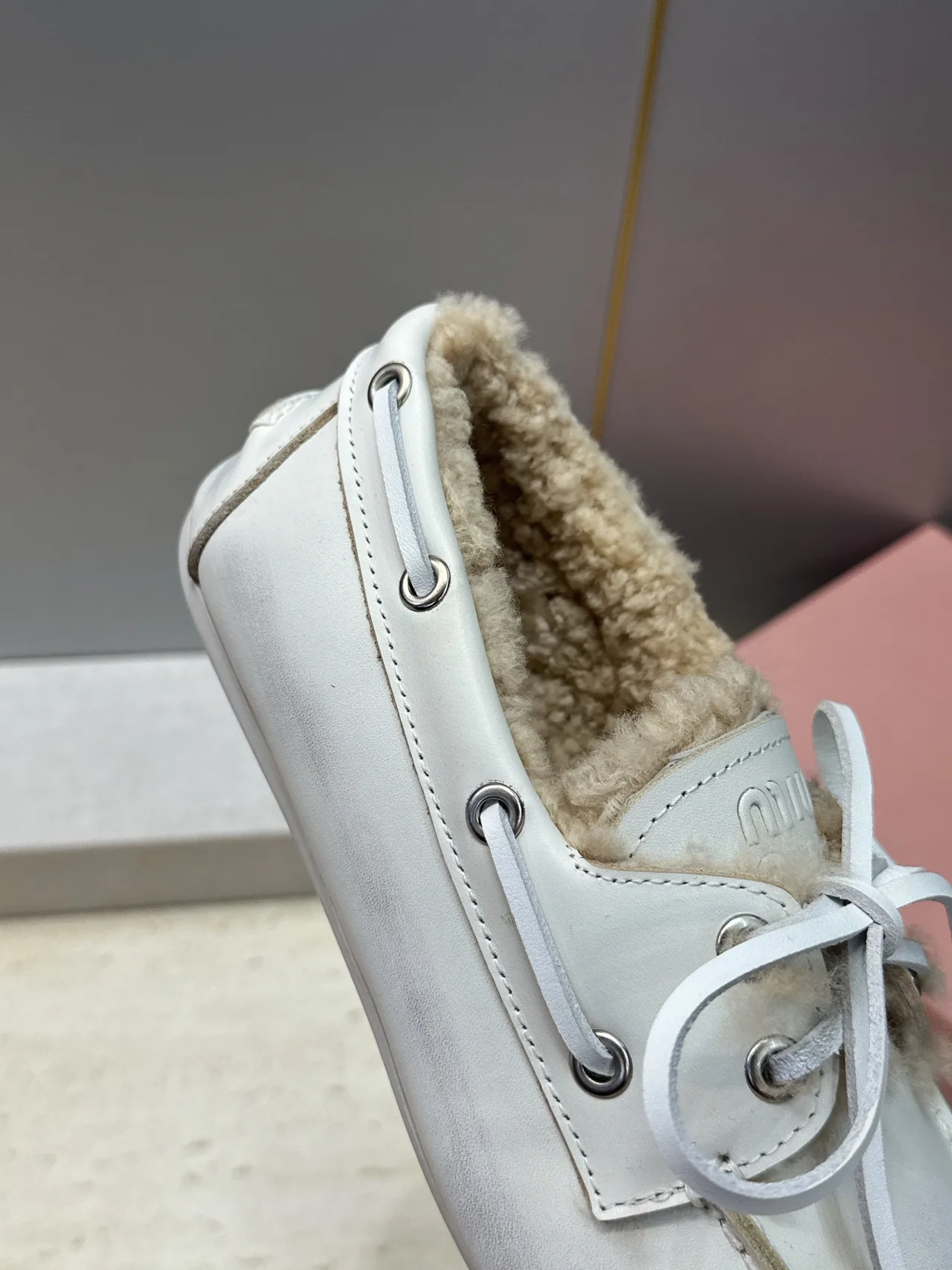 Miu Miu Calfskin Boat Shoes in White · view 8