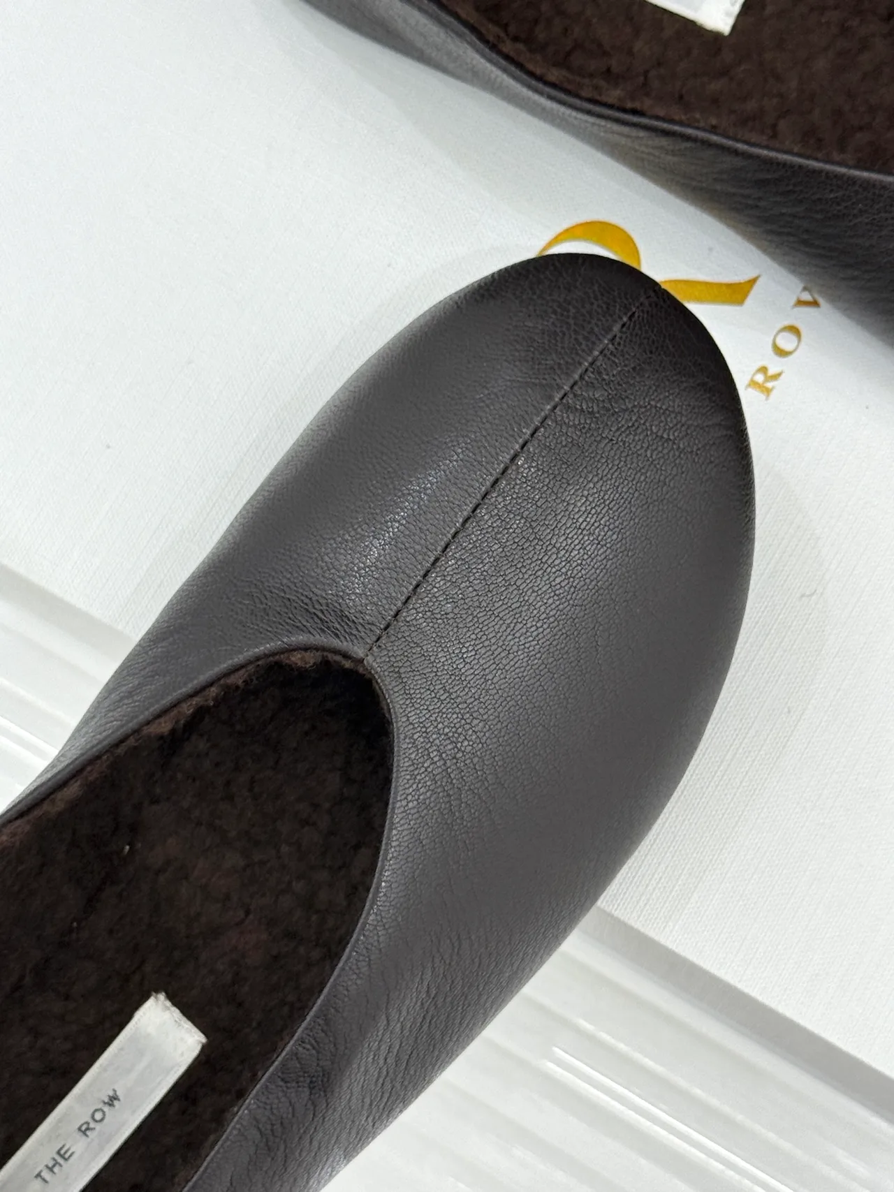 The Row Glossy Round-Toe Slippers in Brown · view 7