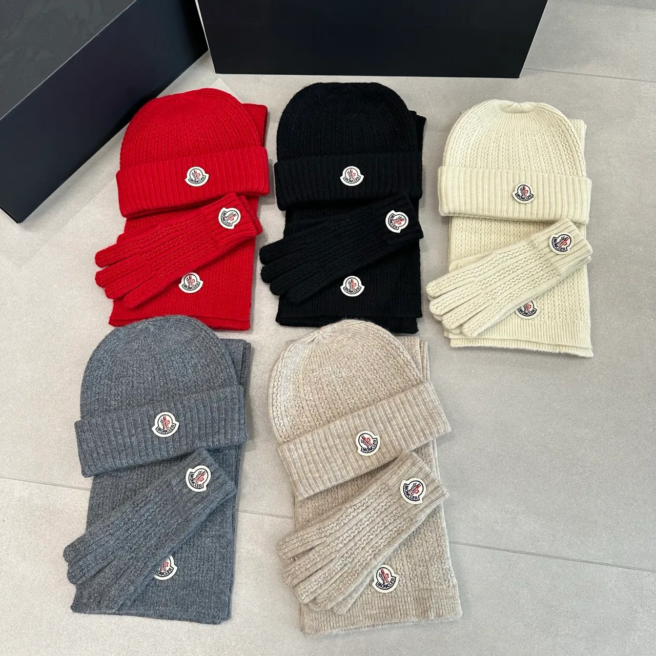 Moncler Hat, Scarf and Gloves Set in Red & Black & White & Grey & Beige · view 7