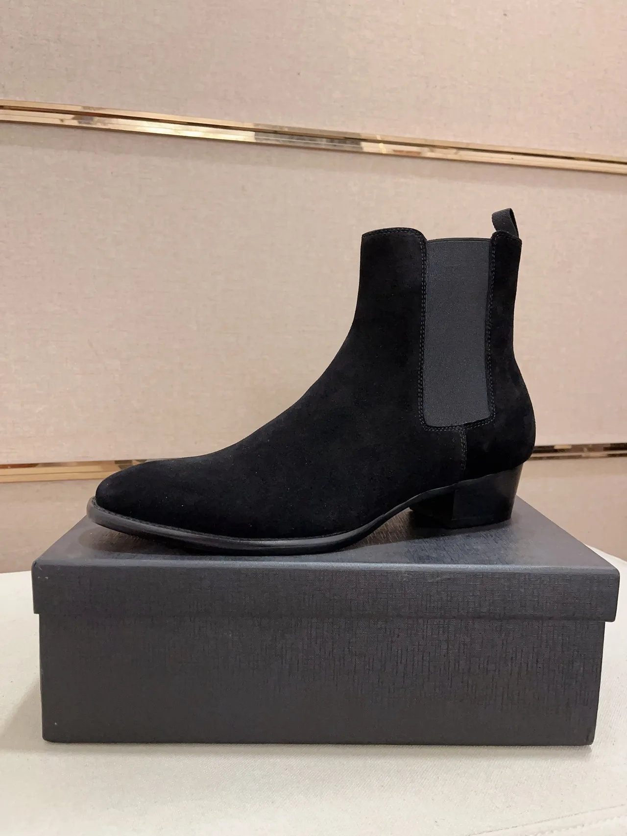 Saint Laurent Cowhide Suede-Look Pointed-Toe Chelsea Boots in Black · view 1