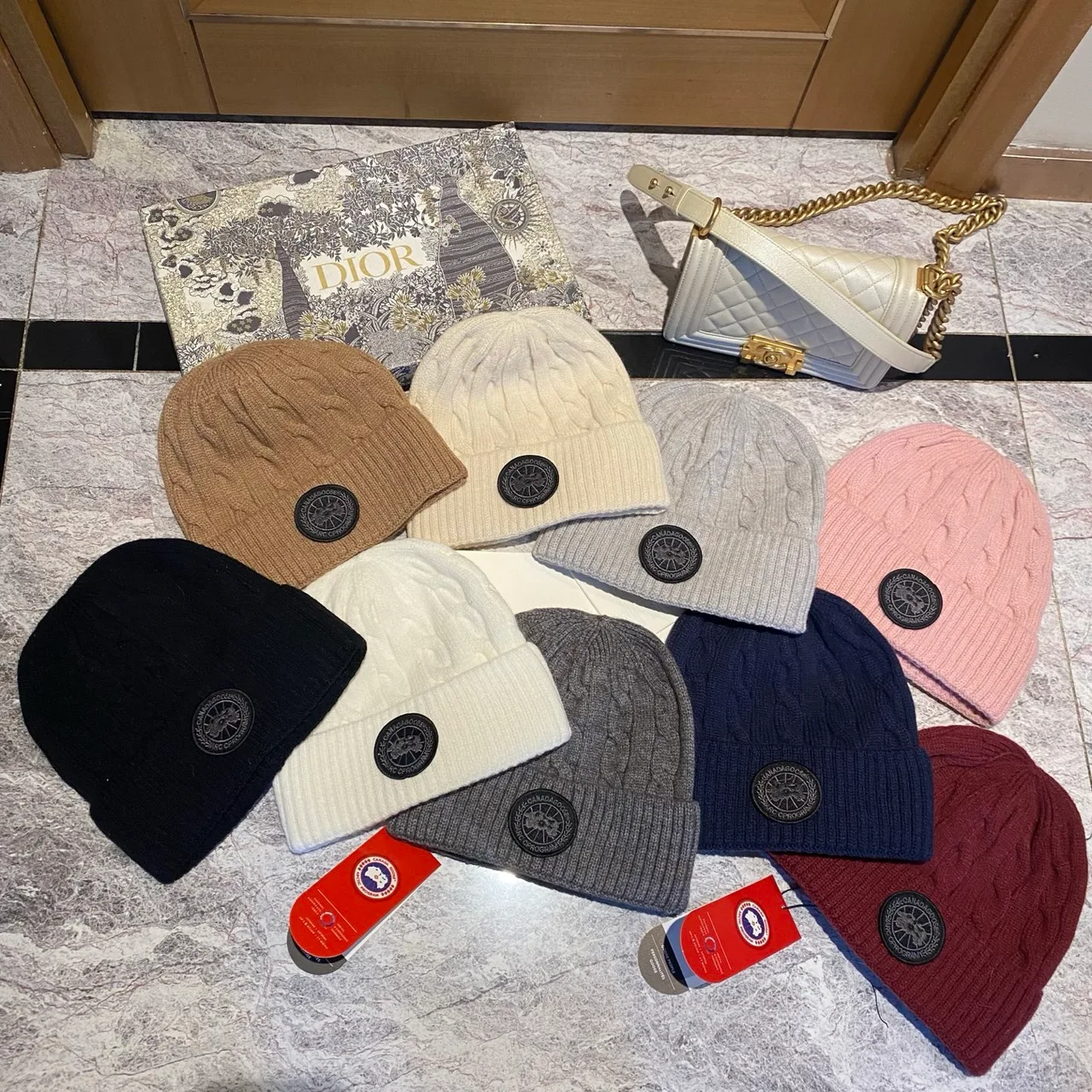 Canada Goose Cable-knit logo beanie in Black & Grey & White & Tan & Cream & Blue & Pink & Burgundy · view 8