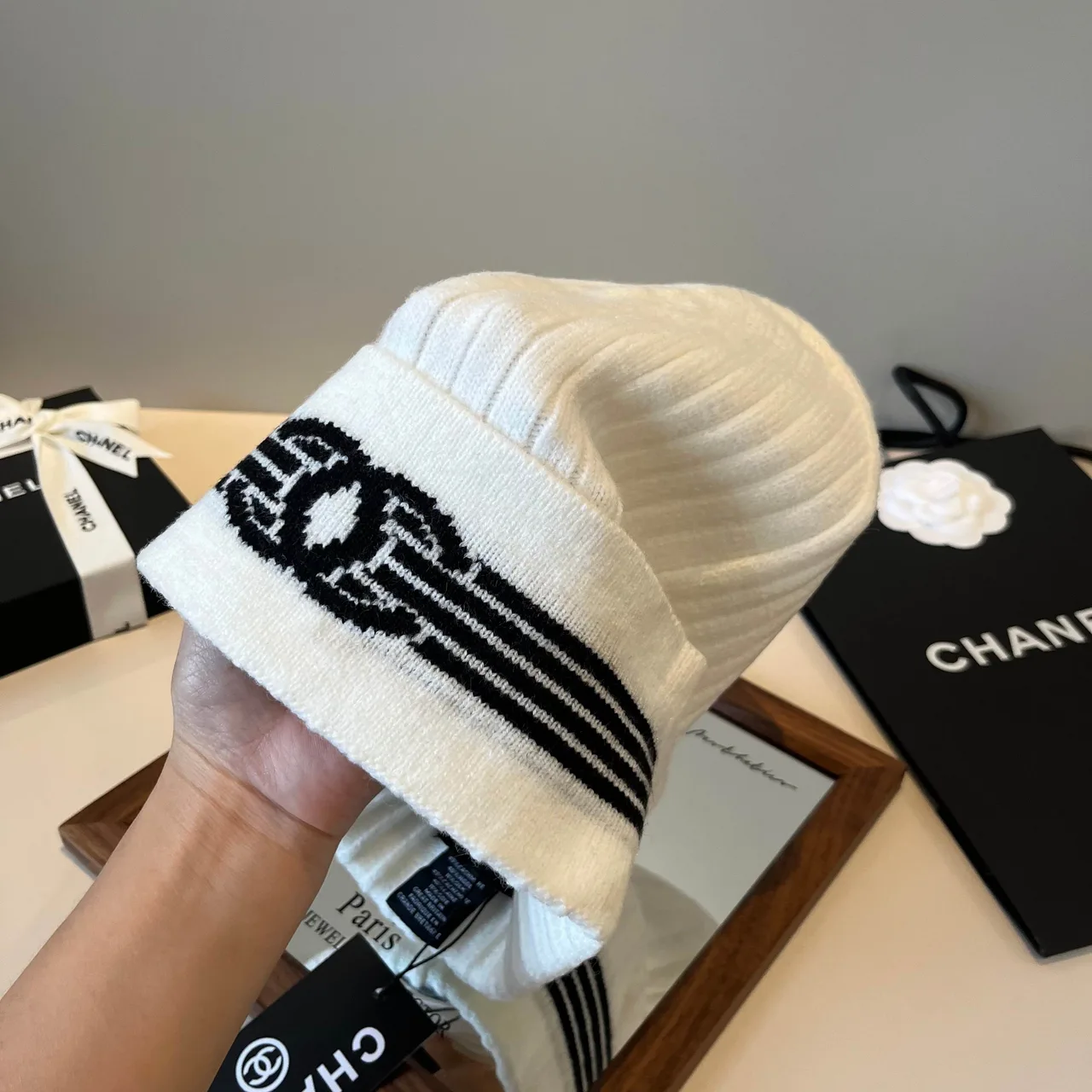 Chanel Ribbed Striped Beanie in White · view 6