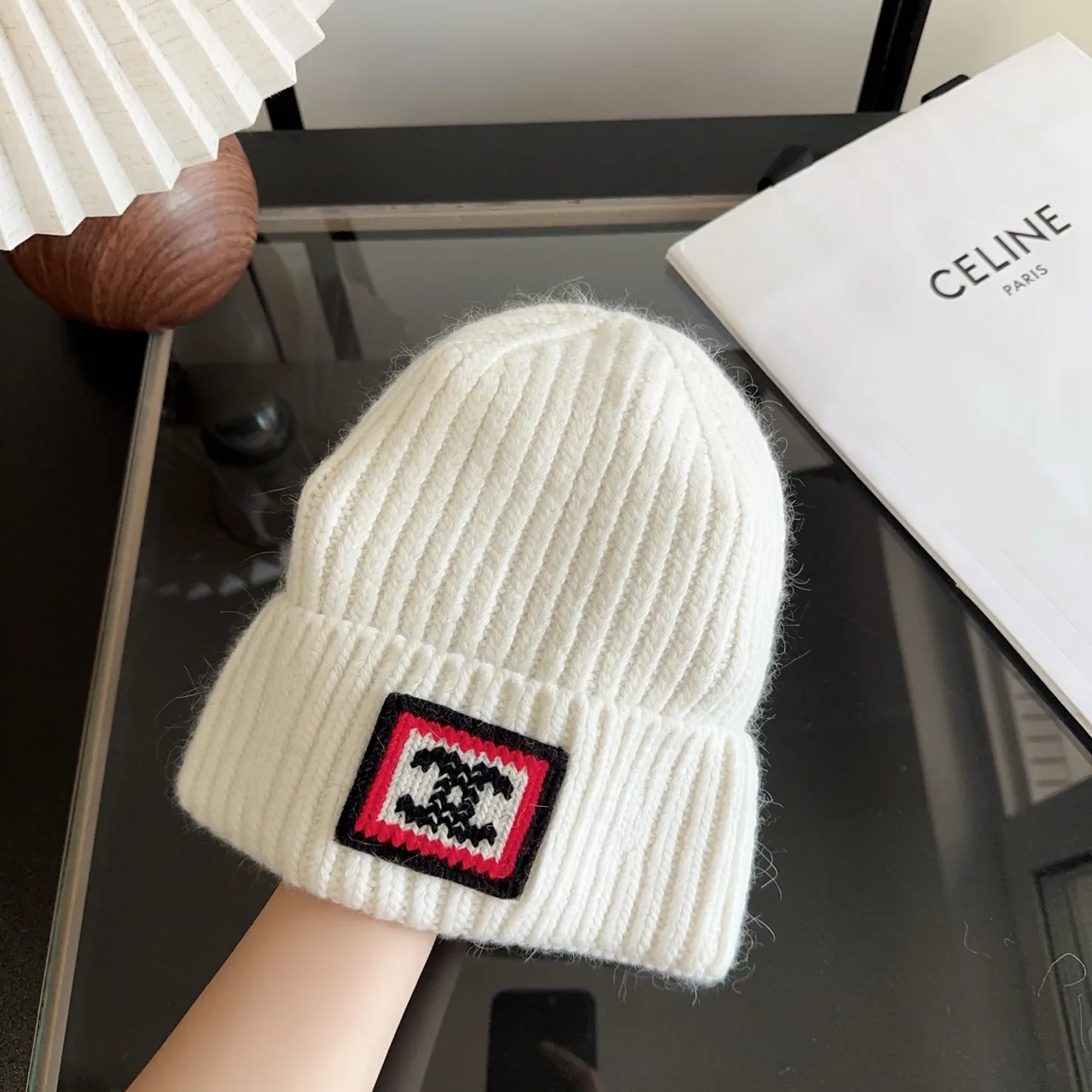 Chanel Patch Ribbed Beanie in White & Black & Blue & Grey · view 4