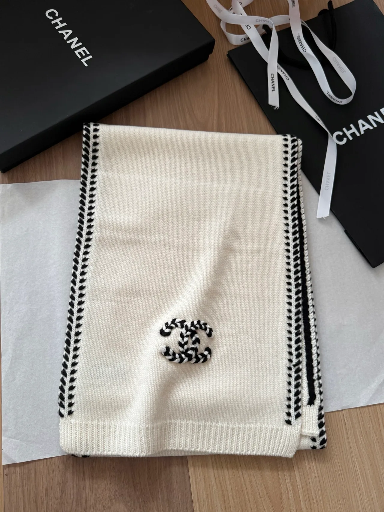 Chanel Cashmere Striped Embroidered Scarf in Cream · view 2