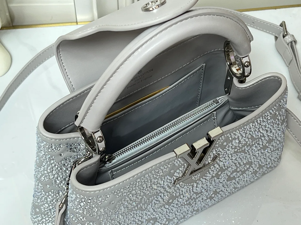 Louis Vuitton Cowhide Glossy Capucines Bag in Grey · view 8
