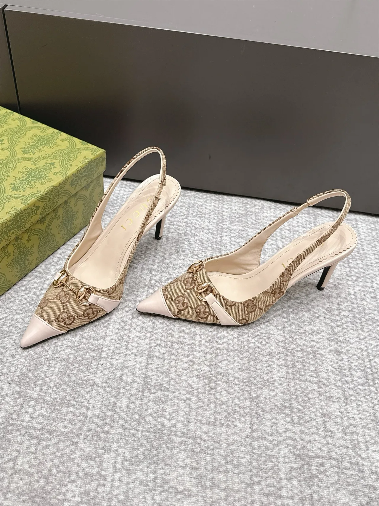 Gucci Glossy Pointed-Toe Monogram Slingback Pumps in Beige · view 2