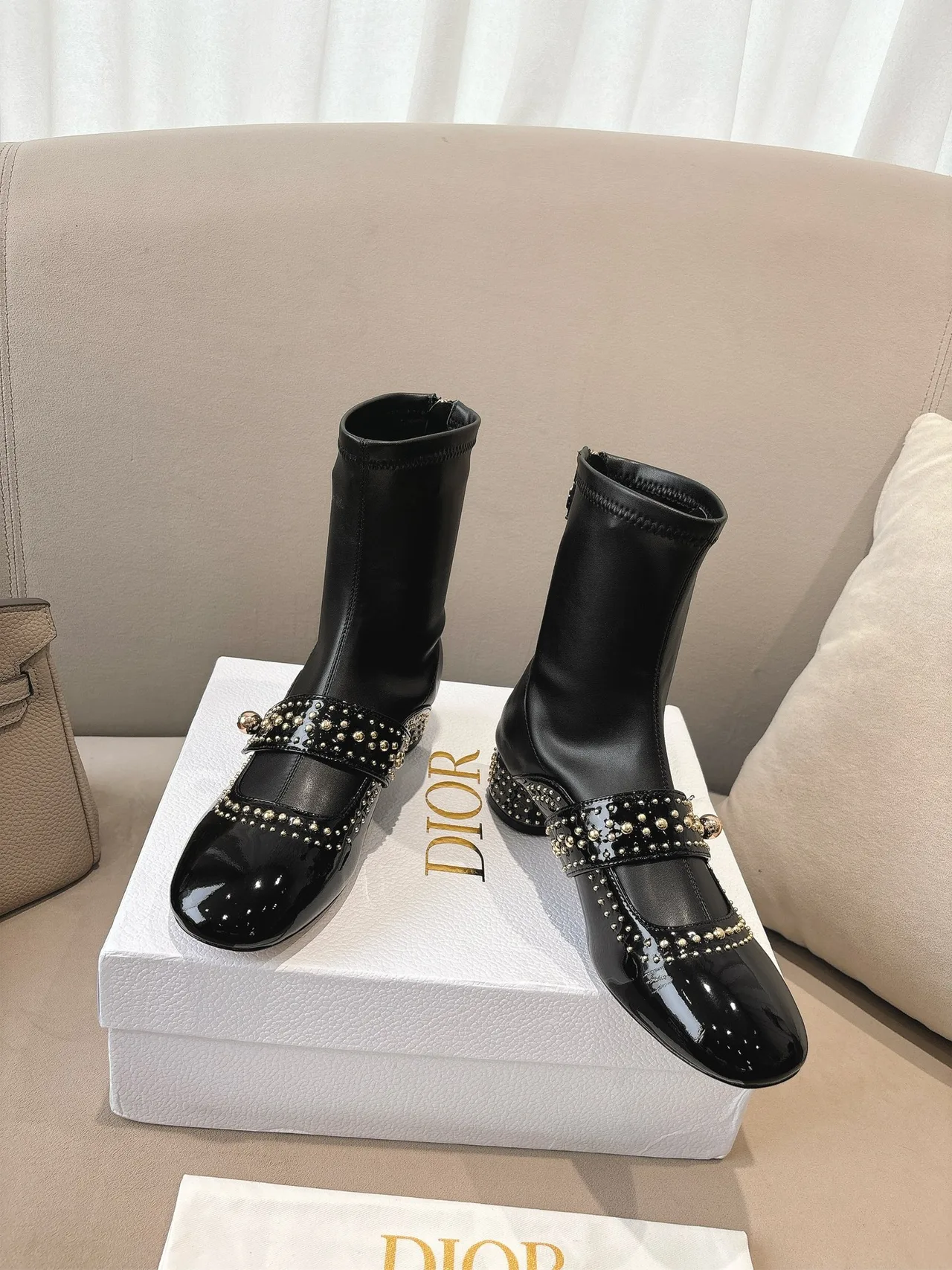 Dior Sheepskin Patent Leather Glossy Square-Toe Ankle Boots in Black · view 2