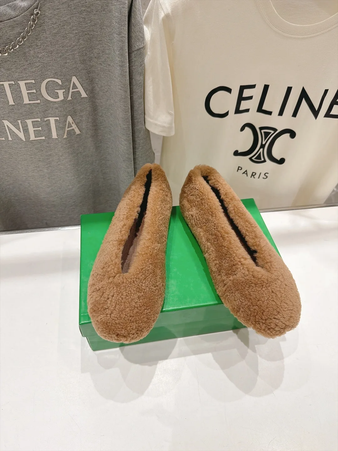 Round-Toe Fuzzy Slip-On Flats in Brown · view 2