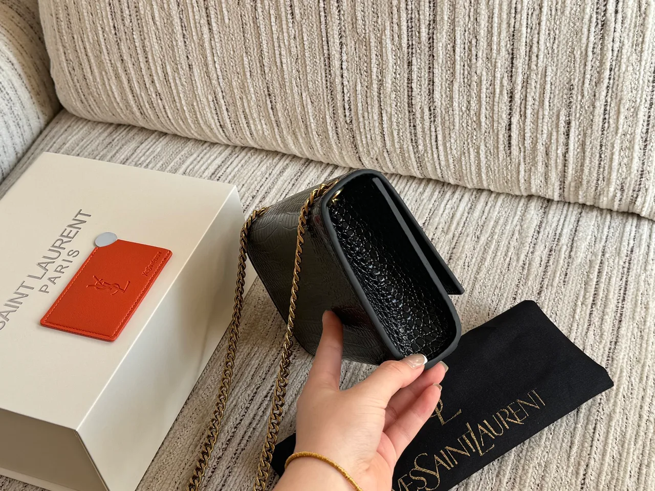 Saint Laurent Kate Croc-Pattern Chain Bag in Black · view 3