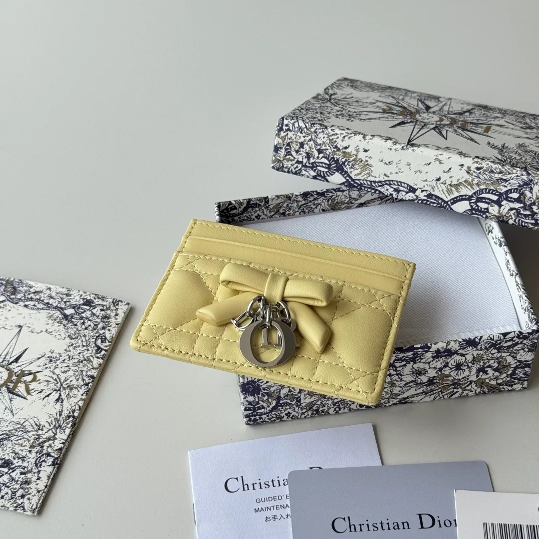 Dior Lambskin Quilted Glossy Bow Cardholder in Yellow · view 4