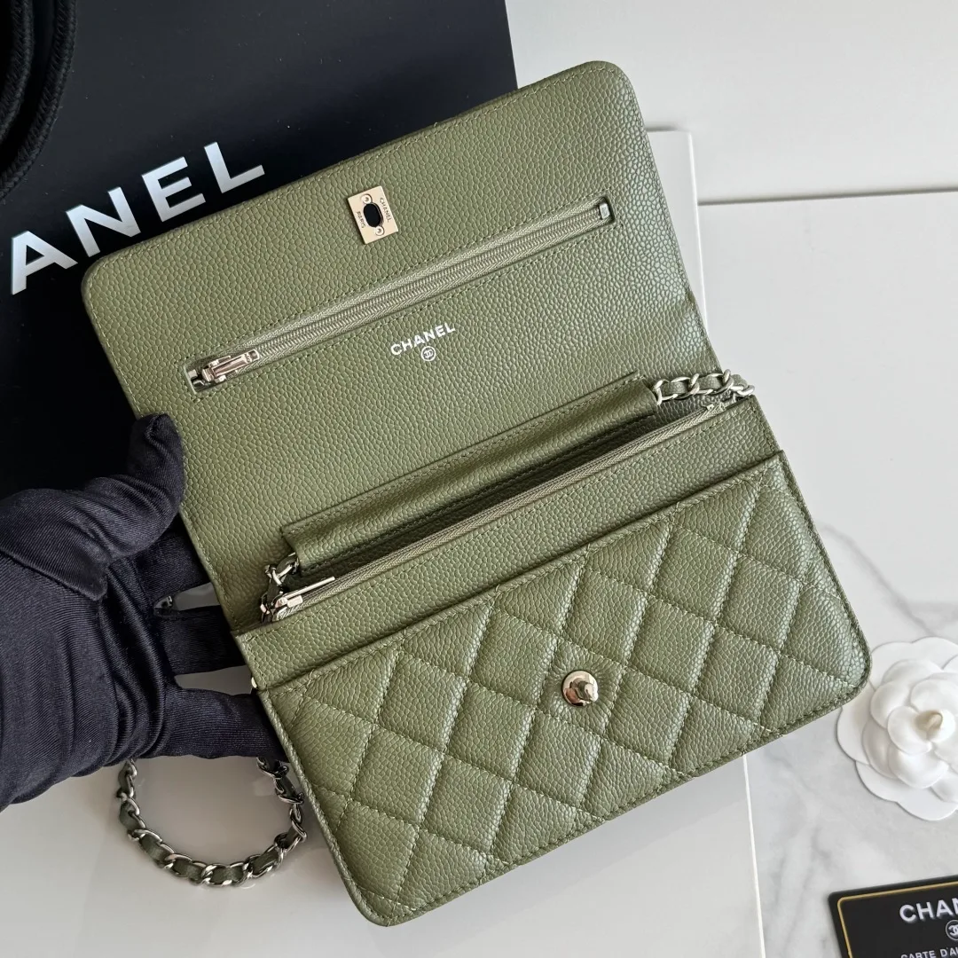 Chanel Calfskin Smooth Quilted Chain Wallet in Green · view 8
