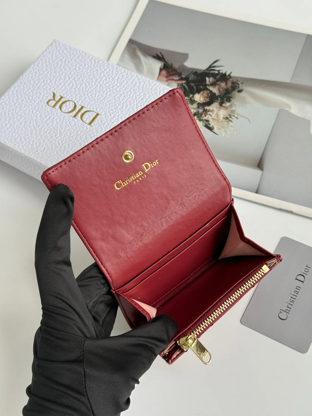 Dior Calfskin Smooth Quilted Wallet in Burgundy · view 5