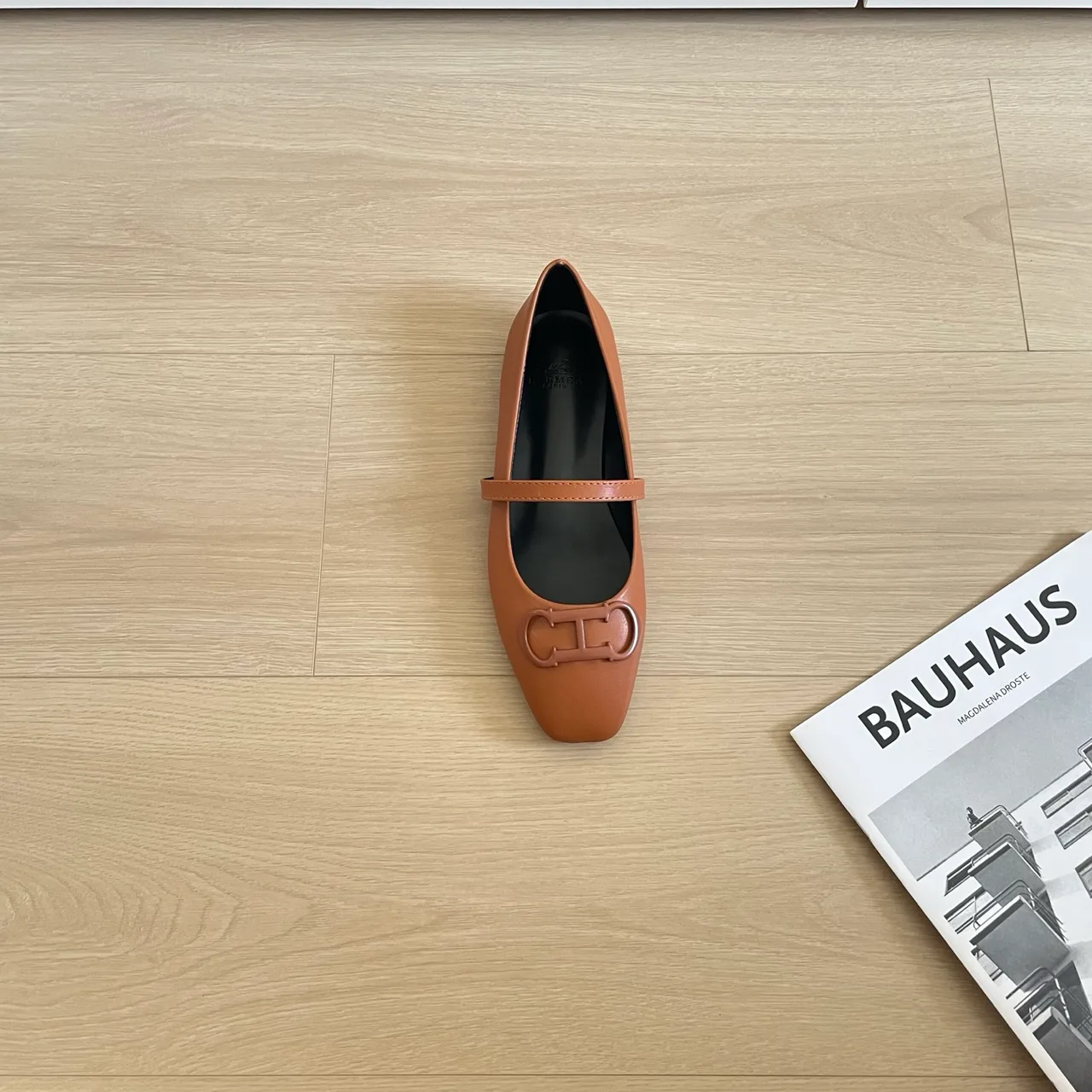 Hermes Leather Glossy Square-Toe Mary Jane Shoes in Tan · view 7