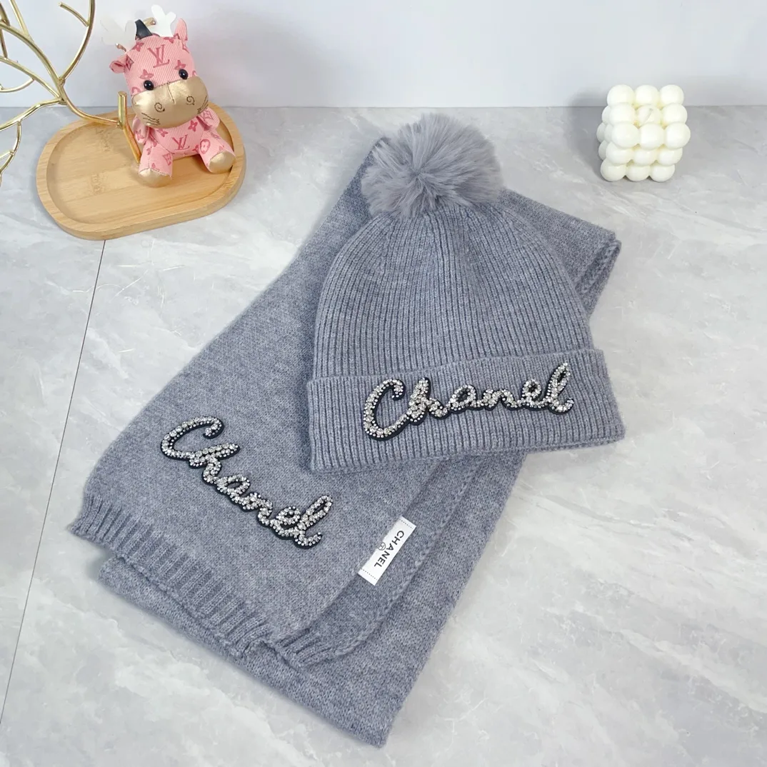 Chanel Wool Embroidered Beanie and Scarf Set in Grey · view 3