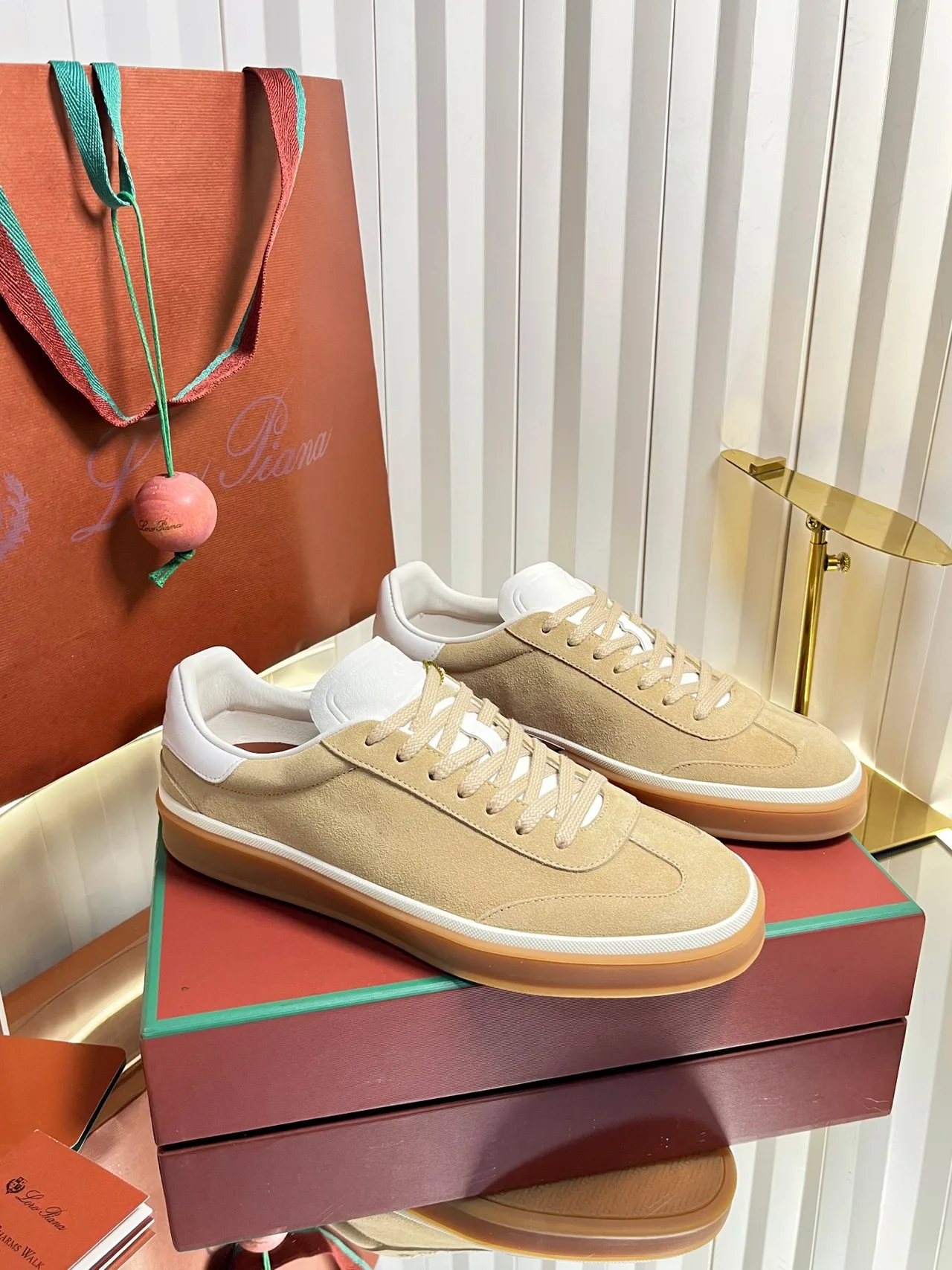 Loro Piana Cashmere Lace-Up Sneakers in Beige · view 1