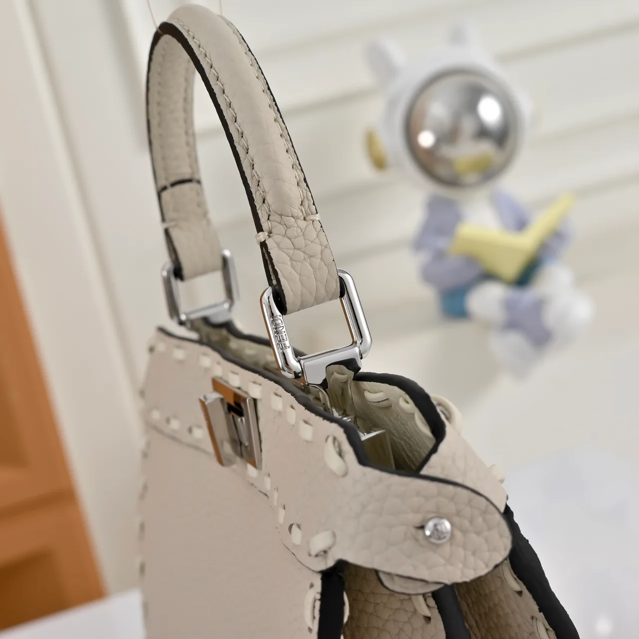 Fendi Calfskin Smooth Top-Handle Bag in Beige · view 6